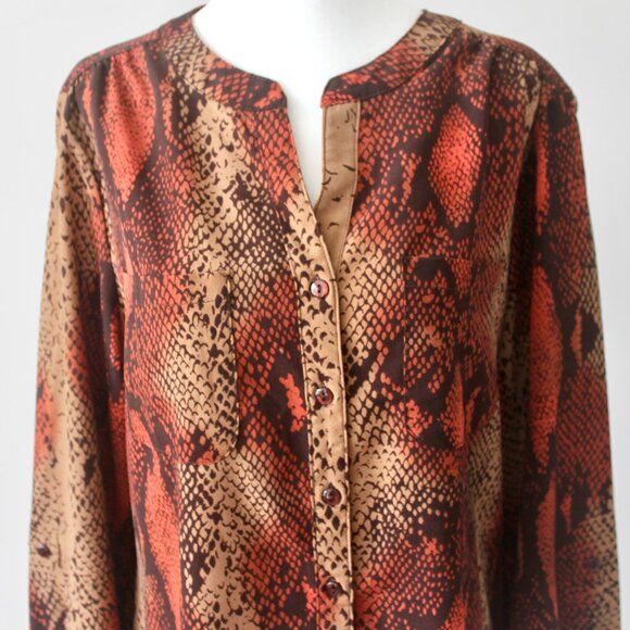 Notations Burnt Orange Snakeskin Print Long-Sleeve Button-Up Blouse Medium - Picture 2 of 6